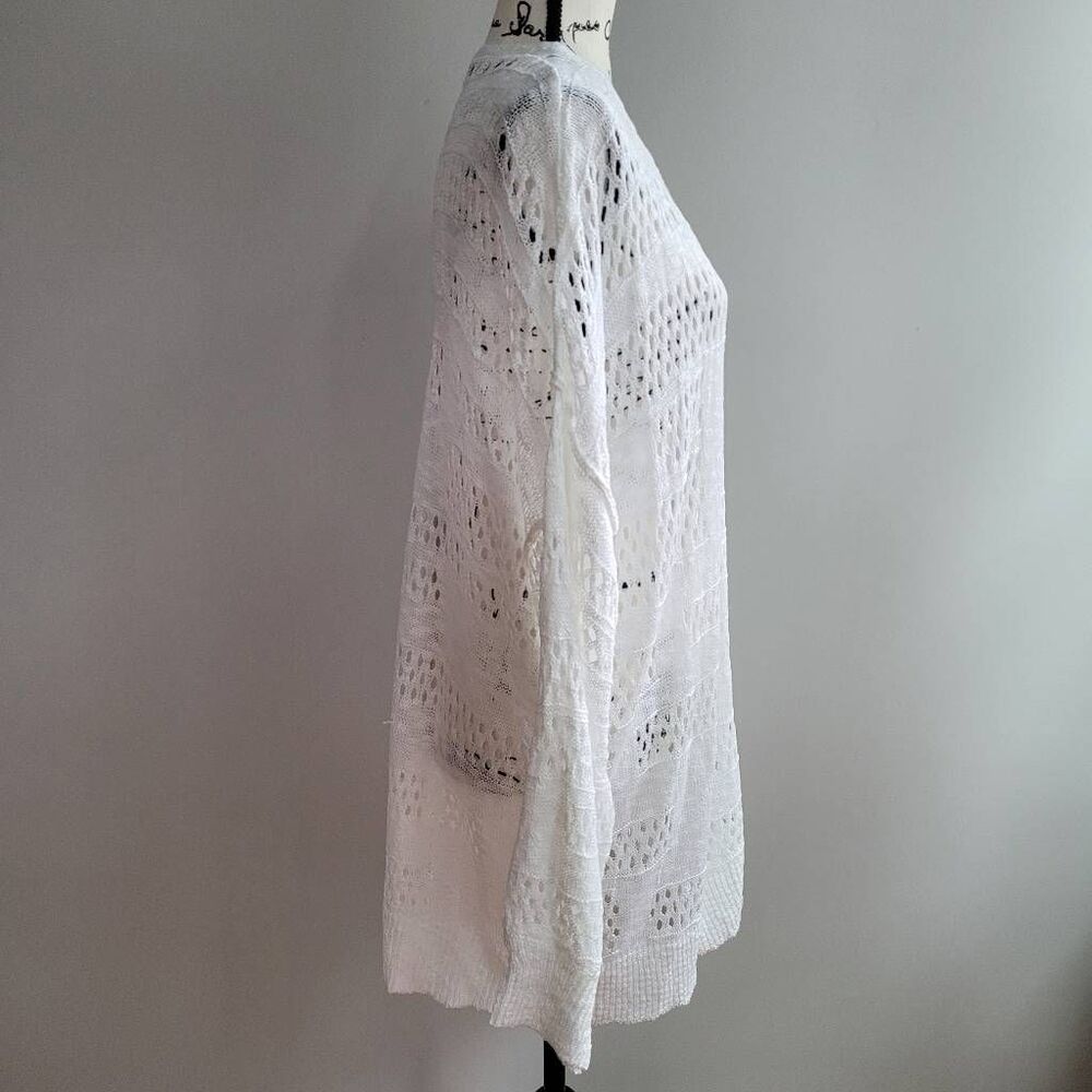 White open knit longer length cardigan open front boho minimalist beachy neutral - Picture 2 of 7